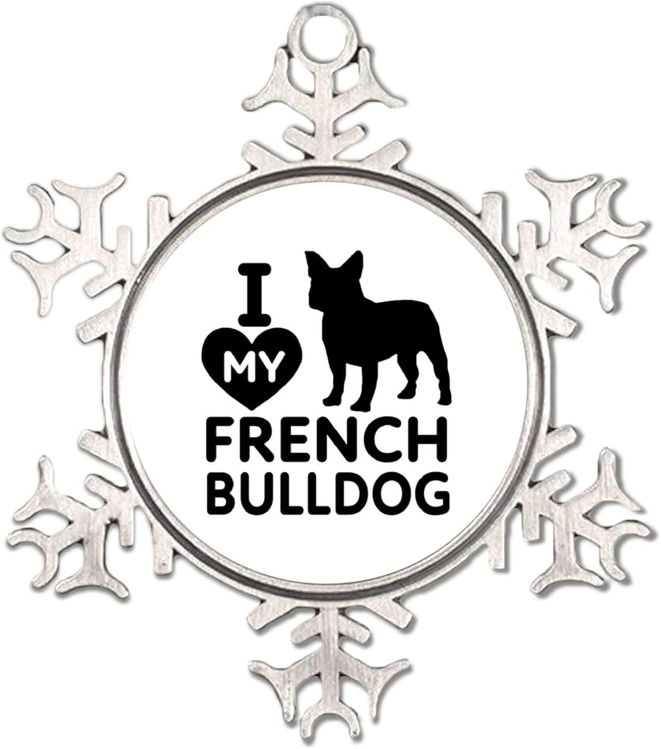 Adorno de copo de nieve de metal de 3 pulgadas, colgante de árbol de bulldog francés, recuerdo colgante para puerta de habitación, casa de campo,