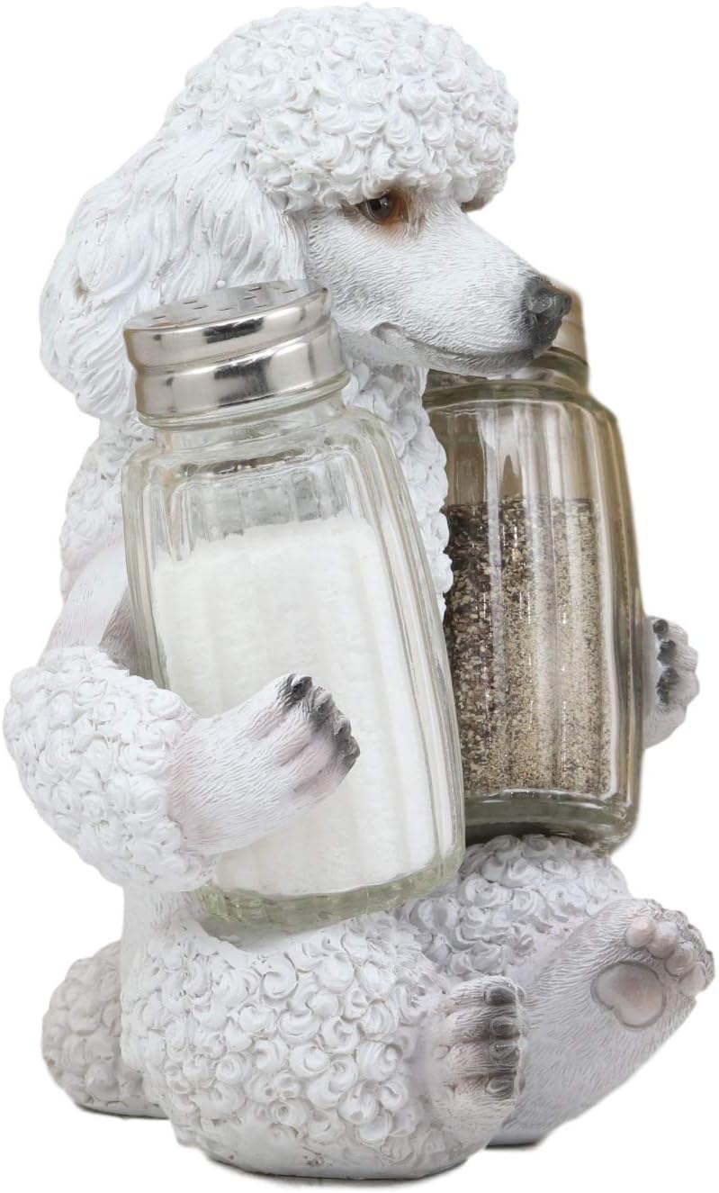 Ebros – Figura realista de cristal para perros caniches franceses blancos arreglados para salero y pimentero, 6.25 pulgadas de alto, caprichoso