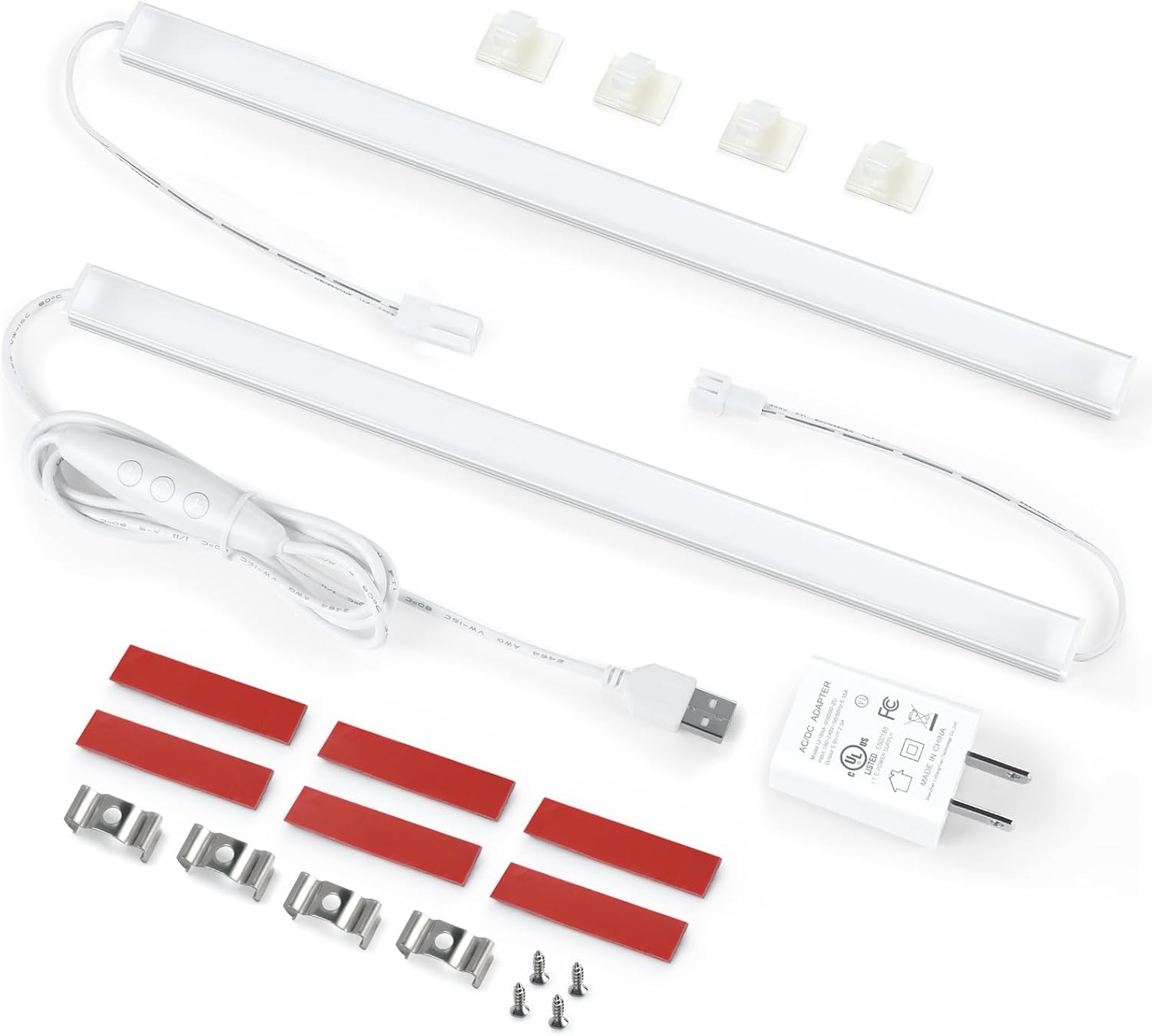Litever Kit de iluminación enchufable para debajo del gabinete con adaptador, atenuador, 2 tiras de luz LED USB de 12 pulgadas. Regulable enlazable
