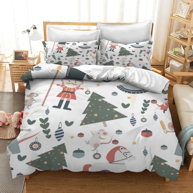 Bidesign Juego de funda de edredón tamaño matrimonial con temática navideña (diseño de cerezaárbol de Navidadcampana) para vacaciones (1 funda de