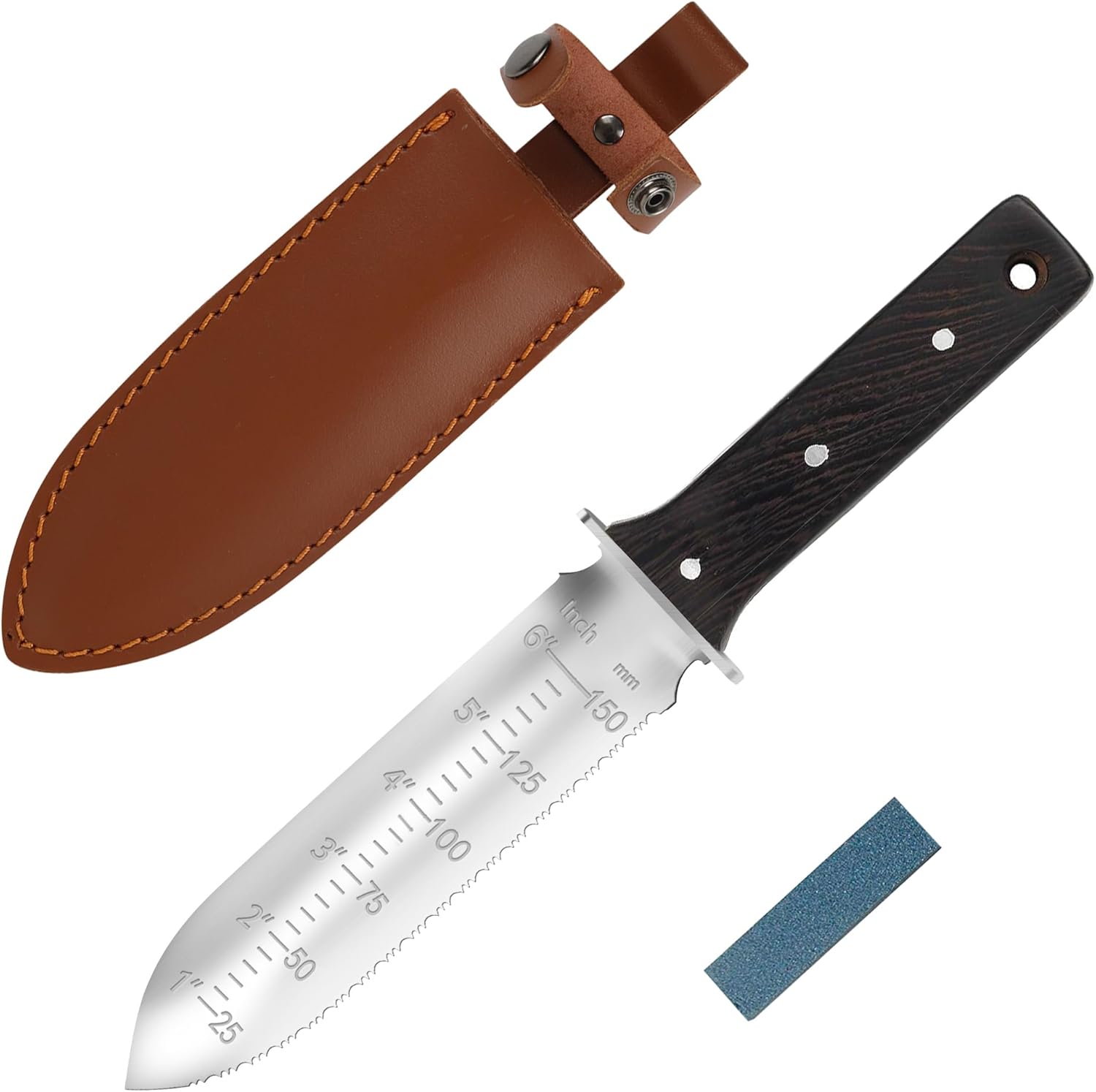 GARTOL Hori Hori – Cuchillo de jardín con funda de cuero, hoja de acero inoxidable de 7 pulgadas, mango de madera de espiga completa, herramientas
