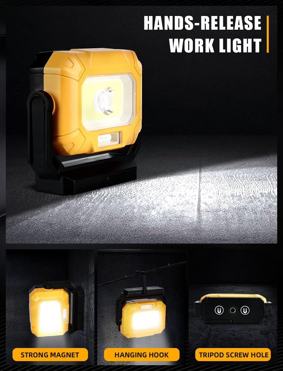 Luz de trabajo LED, 1500 lúmenes, 7 modos de luz, luz de trabajo recargable con soporte magnético giratorio de 360, portátil, pequeña luz mecánica