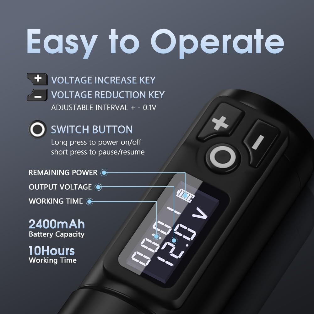 Ambition Rotary Tattoo Battery Pen Máquina de cartucho inalámbrico con fuente de alimentación de 2400 mAh Motor sin núcleo Pantalla LED digital