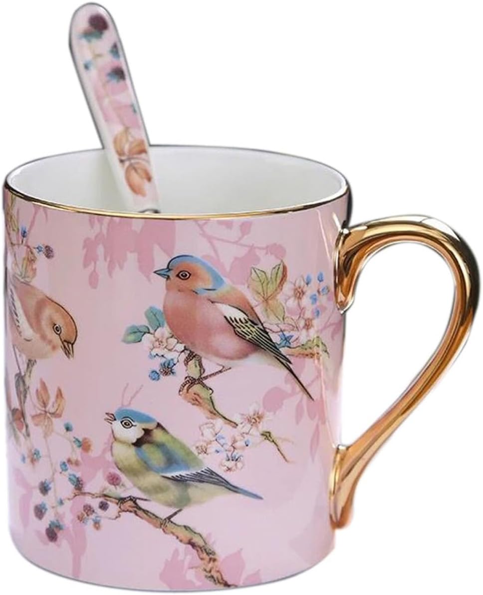 Taza de café de porcelana de porcelana para el hogar, cocina, oficina, patrones de pájaros (rosa)
