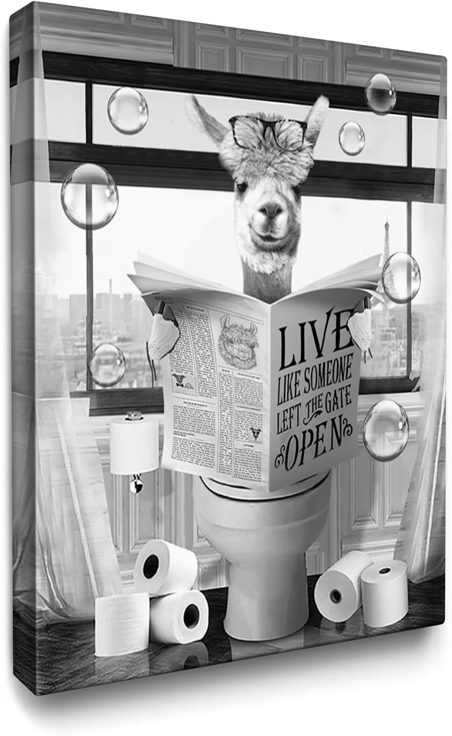 Luslya Divertido arte de pared de alpaca para baño, linda alpaca sentada en el inodoro, lectura de periódicos, póster enmarcado en blanco y negro