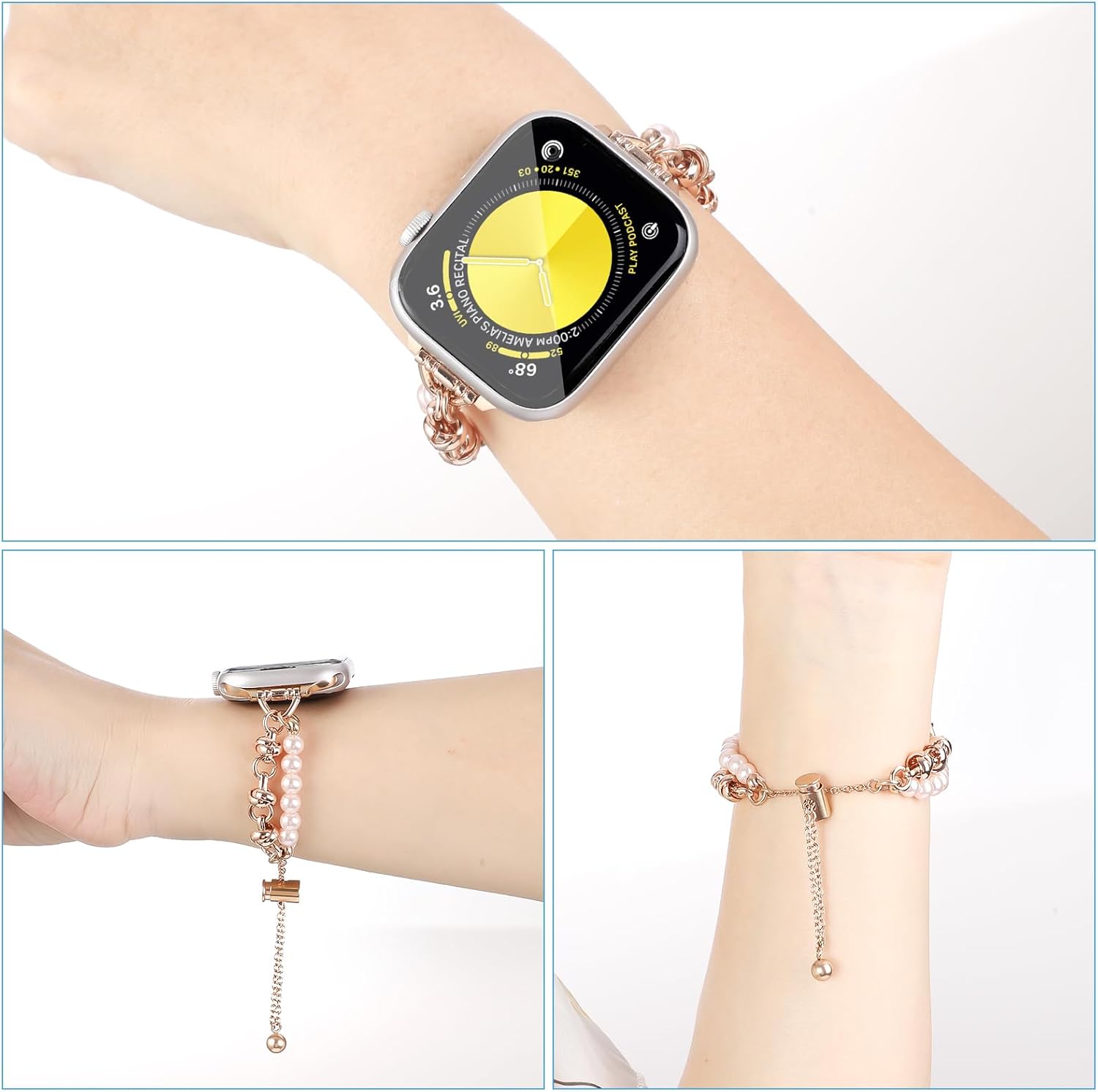Correa de lujo con cuentas para Apple Watch Band de 1.496 in, 1.575 in, 1.614 in, 1.654 in, 1.772 in, 1.772 in para mujer, correa de repuesto