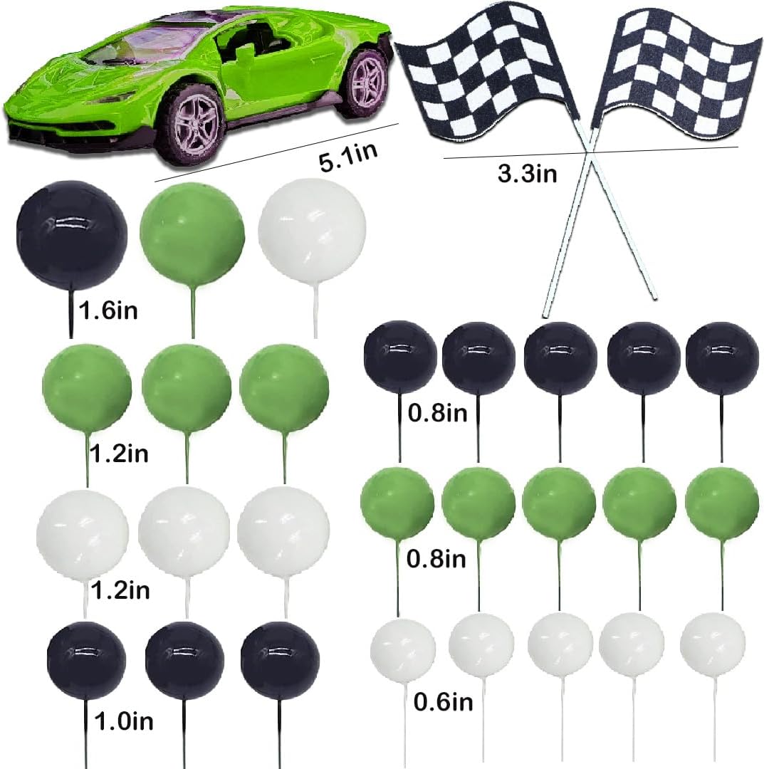 30 adornos para tartas de autos de carreras, bandera a cuadros, decoración de cumpleaños con bolas verdes, negras y blancas, bandera a cuadros para