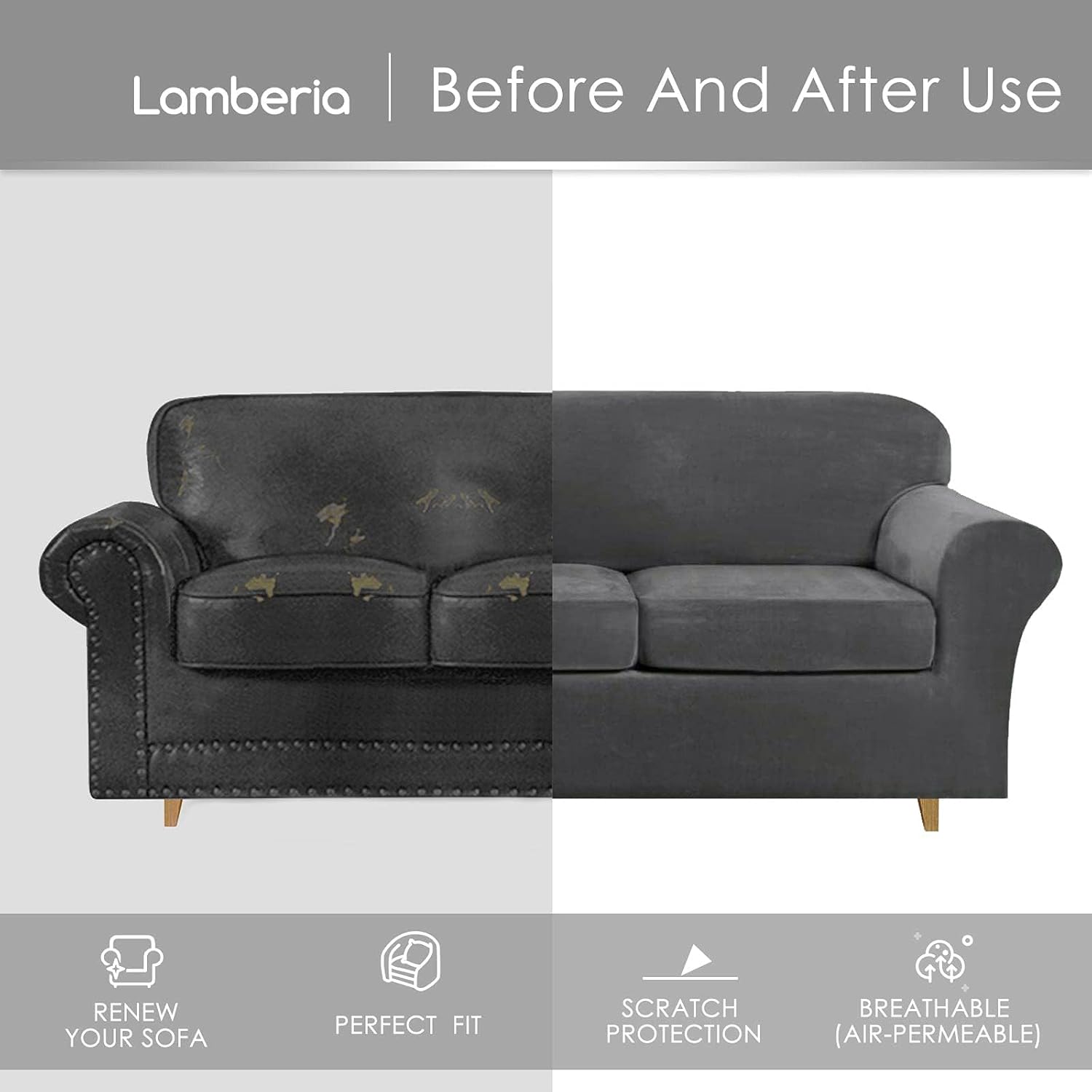 Lamberia – Funda de sofá de alta elasticidad para sofá de 3 cojines, 4 piezas gruesas y lavables, funda de terciopelo de felpa para sofá, funda