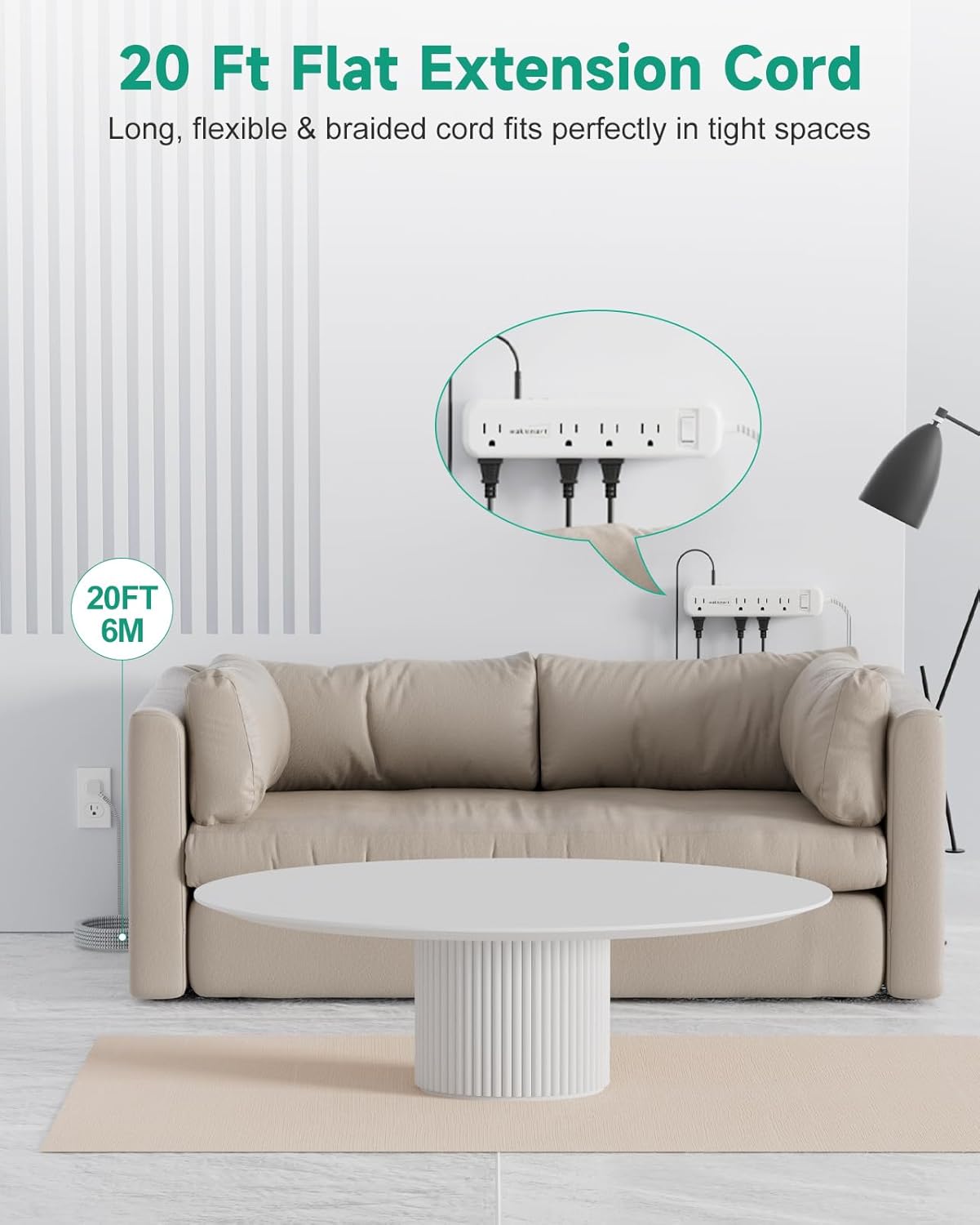 Cable de extensión plano de 20 pies, múltiples tomacorrientes, protector de sobretensiones, 8 salidas de CA, 3 USB de carga rápida (3.4 A 17 W),