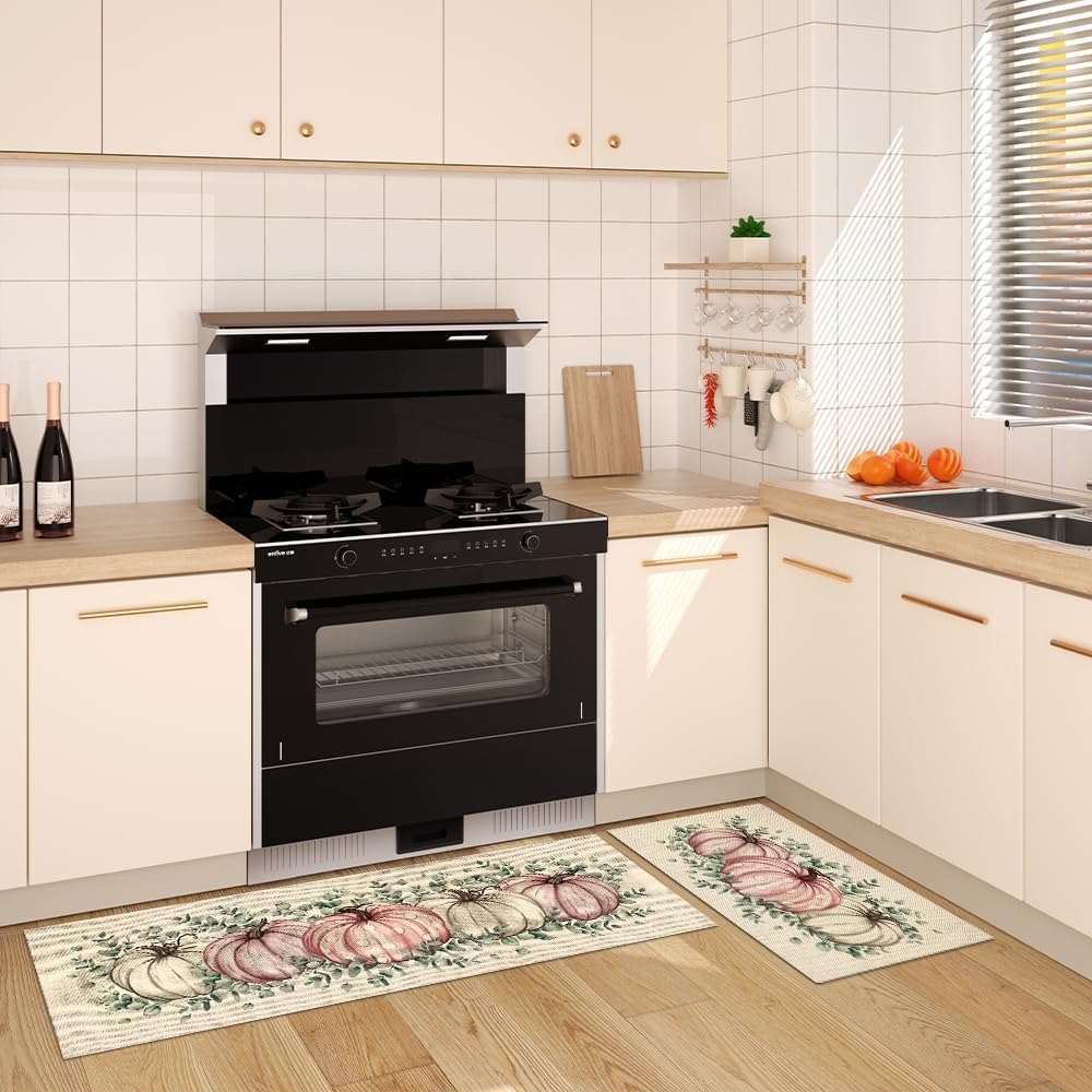 Alfombrillas de cocina antifatiga para piso, 2 unidades, alfombras de cocina de calabaza rosa y blanca, alfombra de granja suave antideslizante para