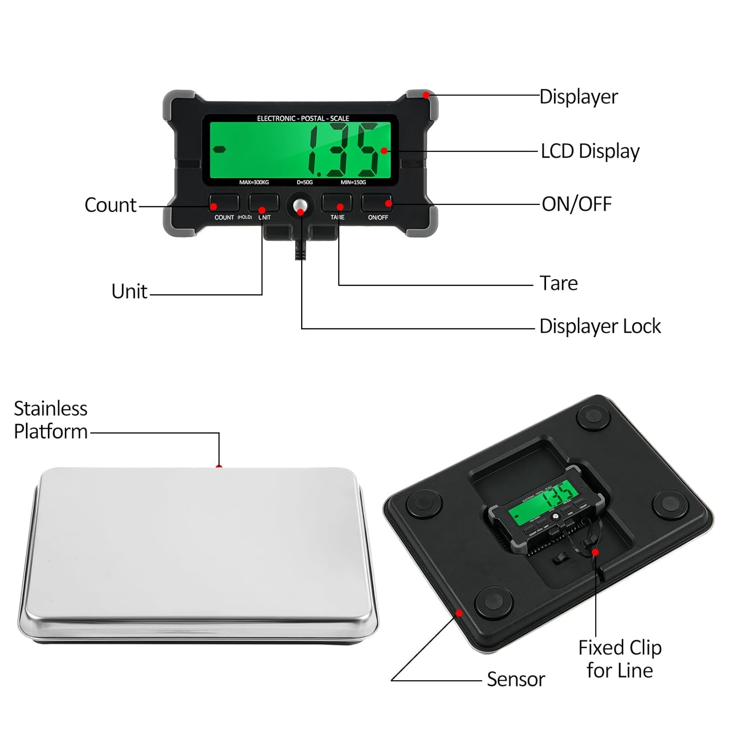 Lepmerk Báscula postal electrónica de 660 libras661.4 lbs, precisión de 1.76 oz0.1 libras, pantalla LCD, plataforma grande de acero inoxidable de 16