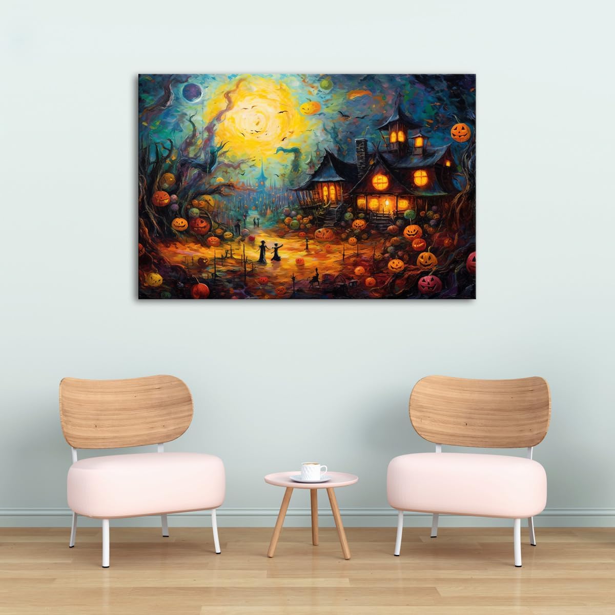 Impresiones en lienzo de noche de Halloween, arte de pared e imágenes espeluznantes de 12 x 18 pulgadas enmarcadas