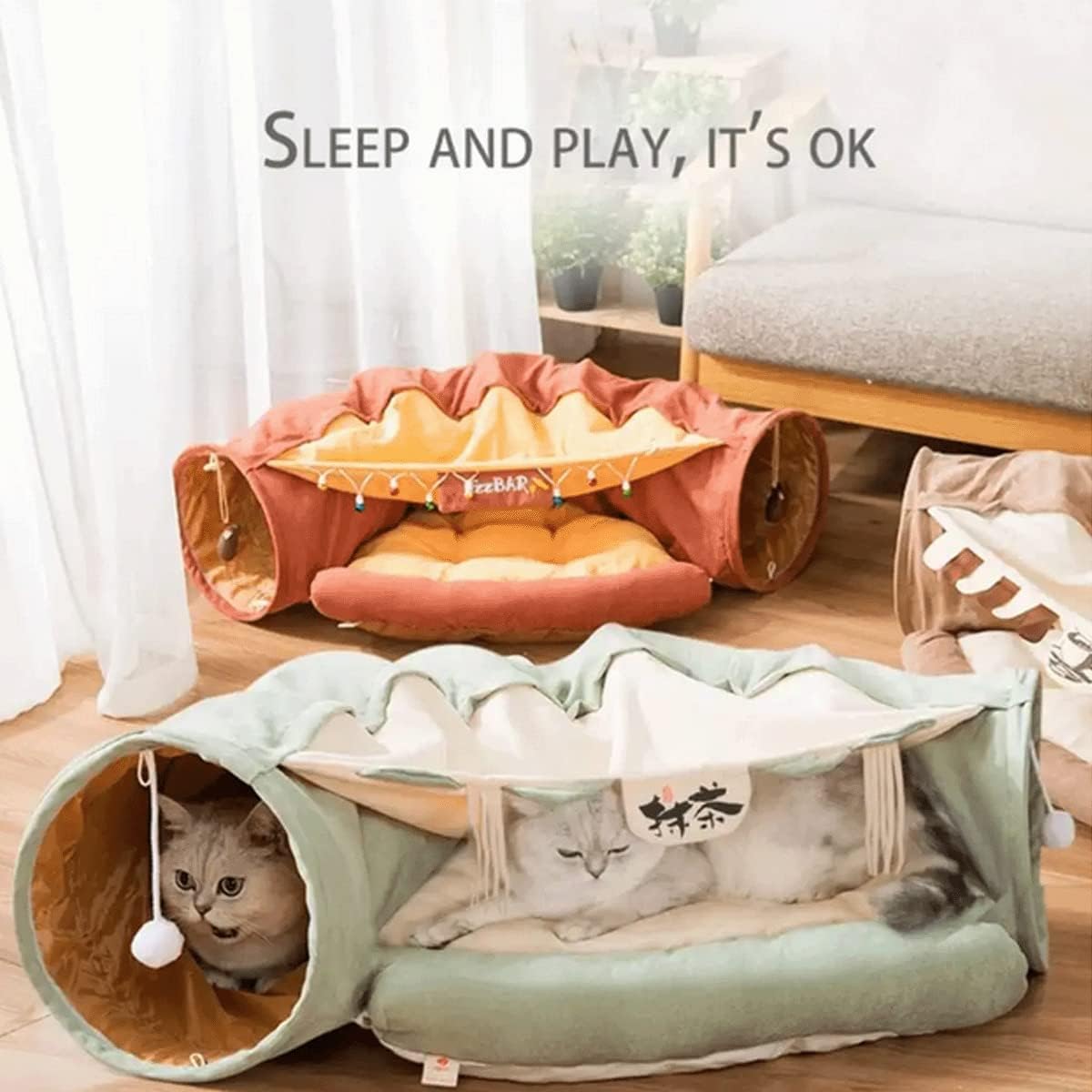 Túneles plegables 2 en 1 para gatos de interior, camas y escondite para mascotas, perros, conejos, tubos suaves para el hogar, juguetes con