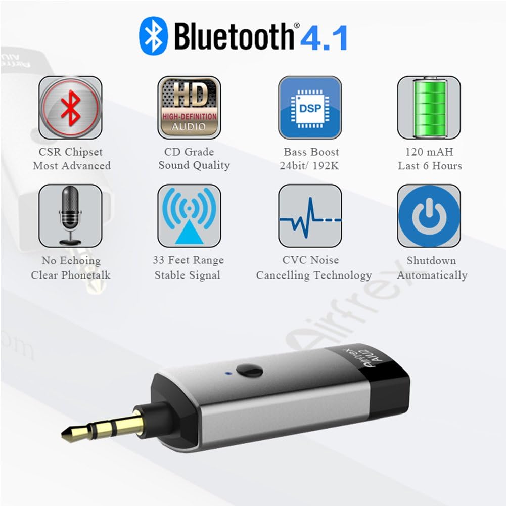 Airfrex Adaptador Bluetooth de coche para audio de coche, receptor inalámbrico Bluetooth Kit de coche para altavoz estéreo del hogar, adaptador