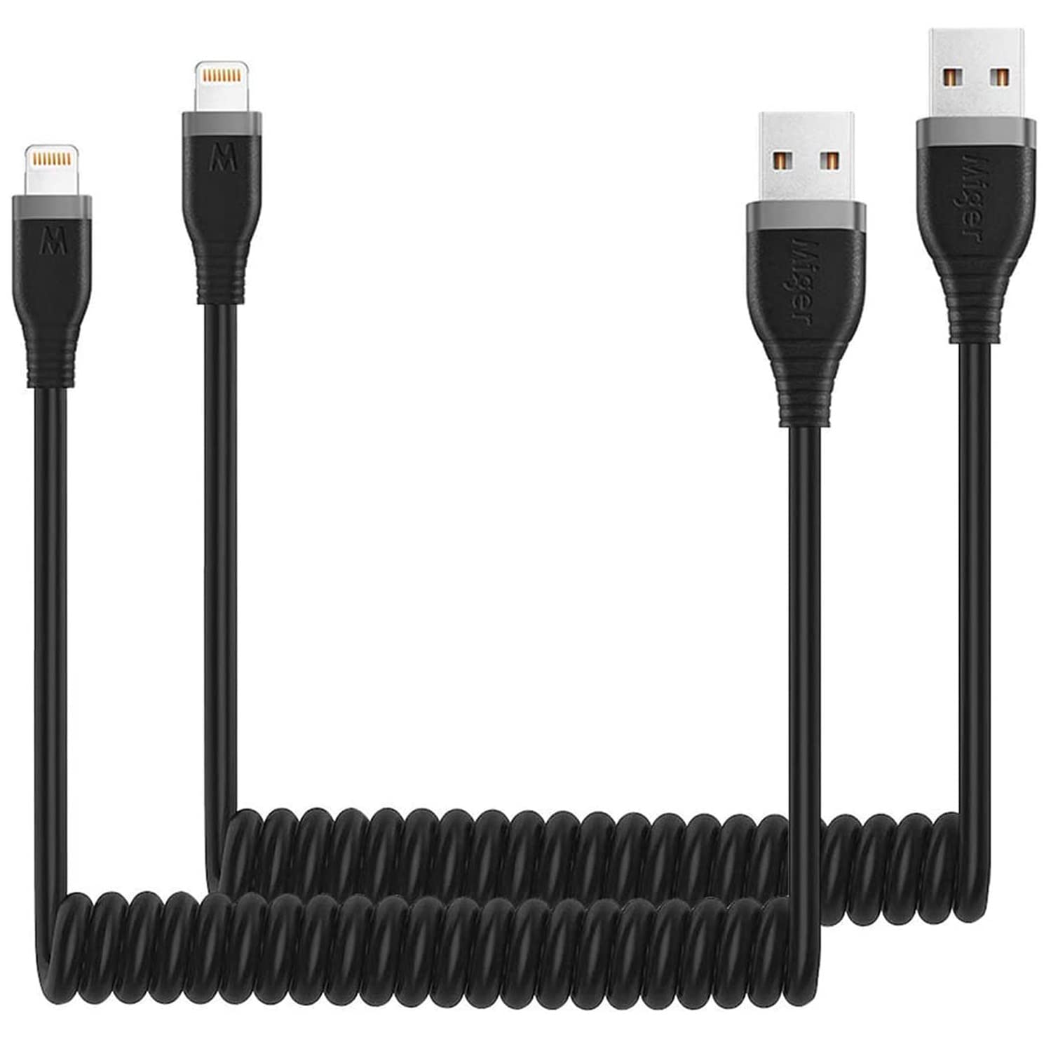 Miger Cable Lightning en espiral, cable de carga para iPhone de 4 pies para automóvil, paquete de 2 cables Lightning de 4 pies con certificación MFi