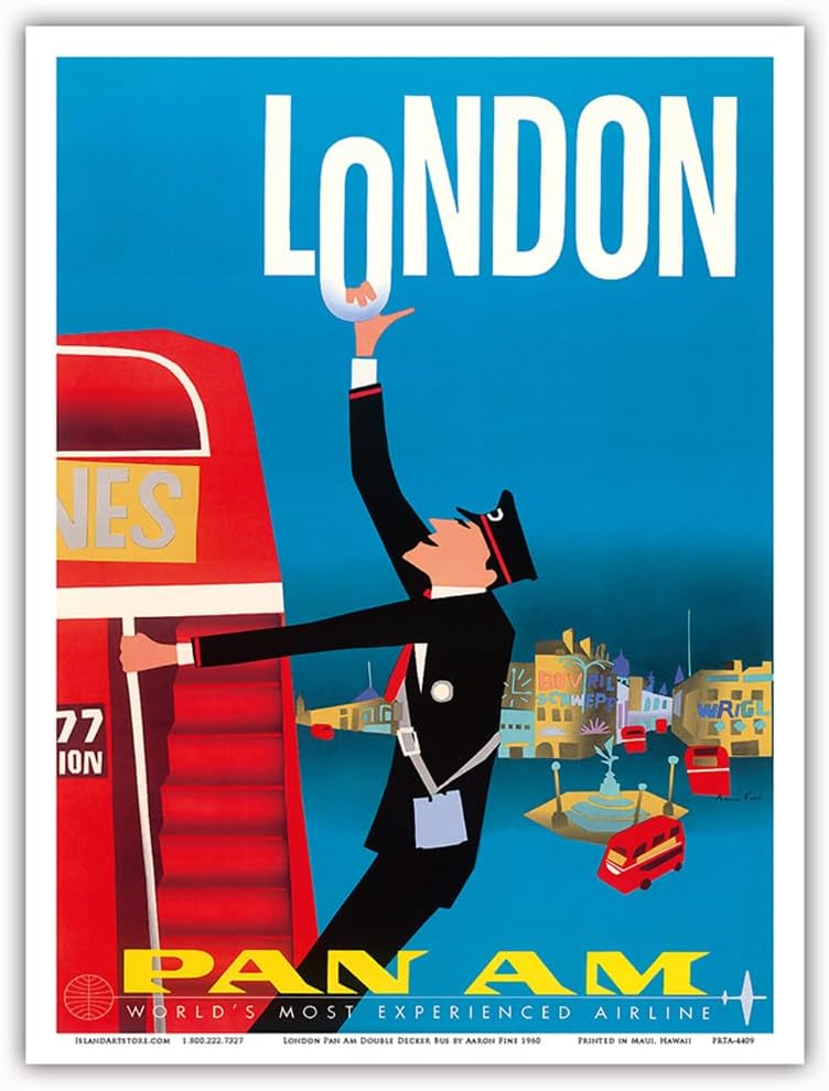 Londres, Inglaterra – Autobuses de dos pisos, Bovril y Schweppe – Pan American World Airways – Póster vintage de viaje de aerolínea por Aaron Fine