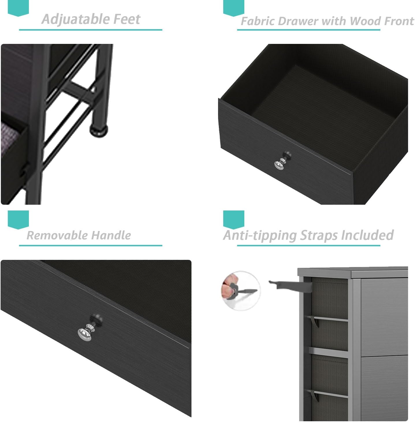 BOLUO – Cómoda negra para dormitorio, cómoda de 6cajones, pequeña y de tela, almacenamiento para armario moderno