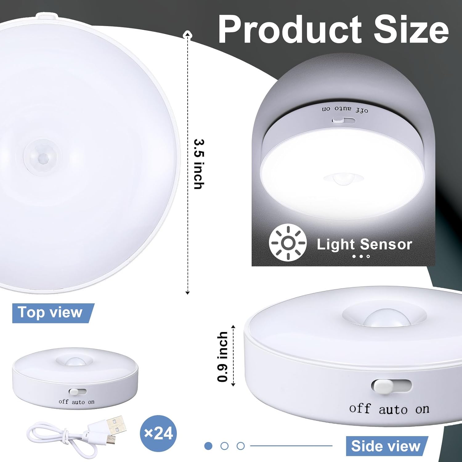 24 piezas de luz recargable con sensor de movimiento, estética, automática, inalámbrica, para escalera, debajo del gabinete, luces de noche