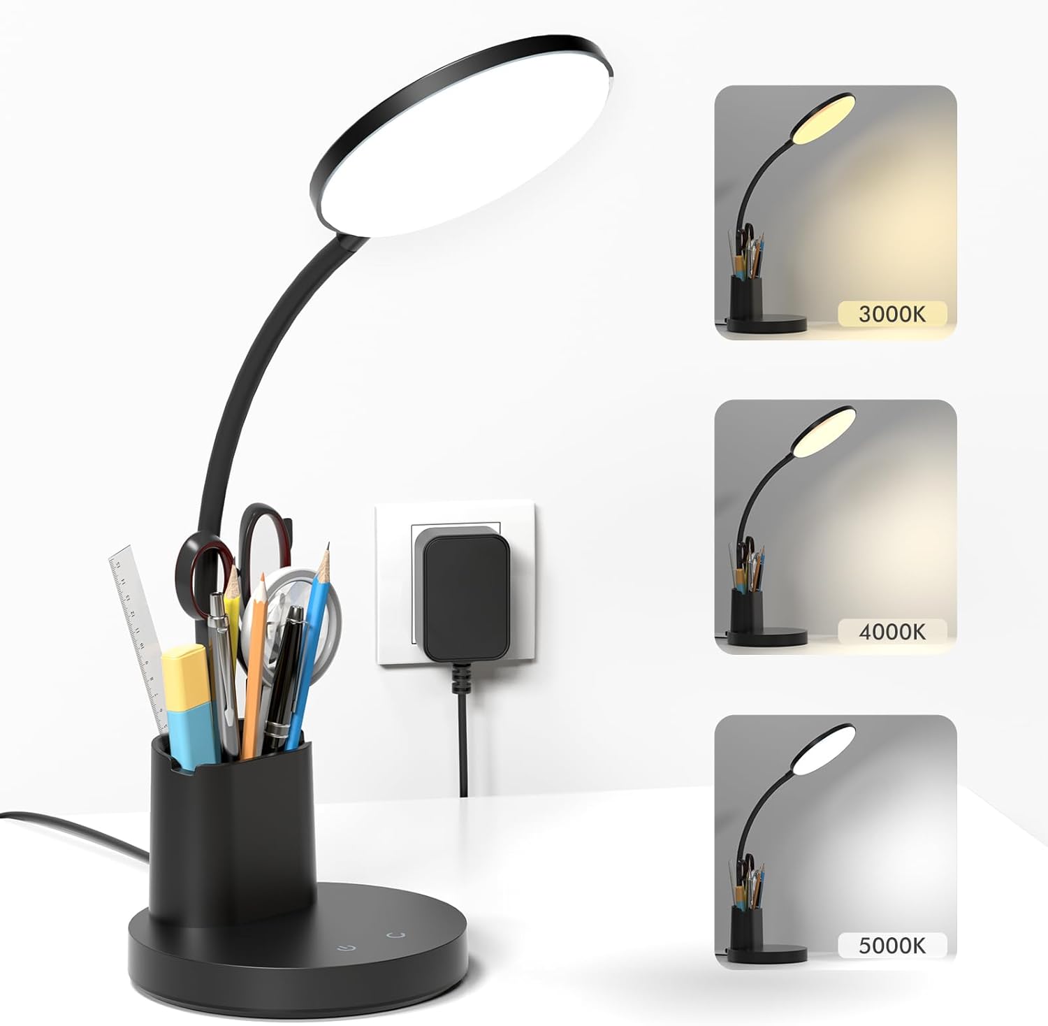 comzler Lámpara de escritorio pequeña, lámparas de escritorio LED con soporte para bolígrafo y teléfono, luz de escritorio negra para oficina en