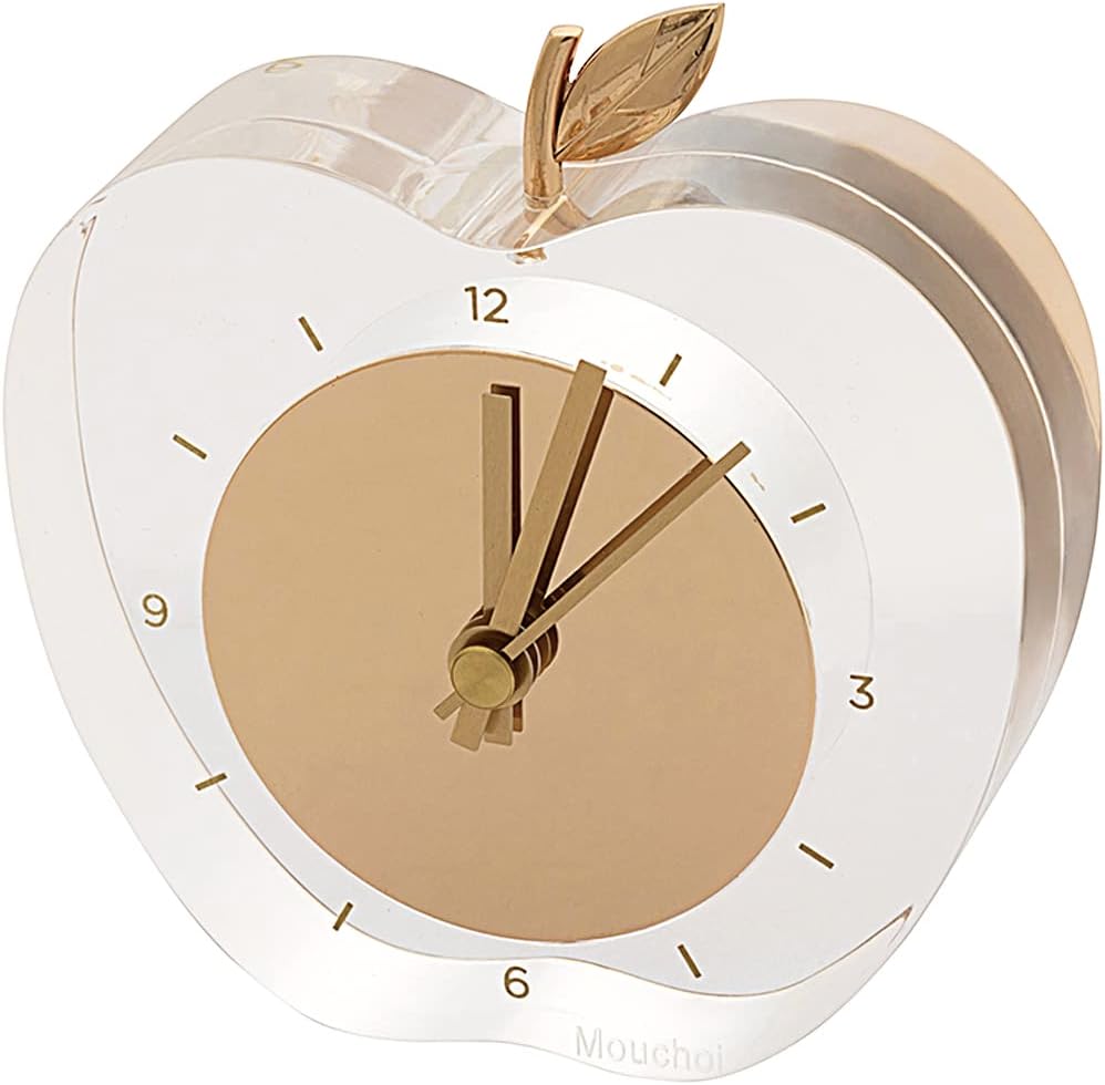 Reloj de escritorio acrílico, reloj analógico moderno, decoración de oficina en casa, marco transparentecara dorada, forma de manzana