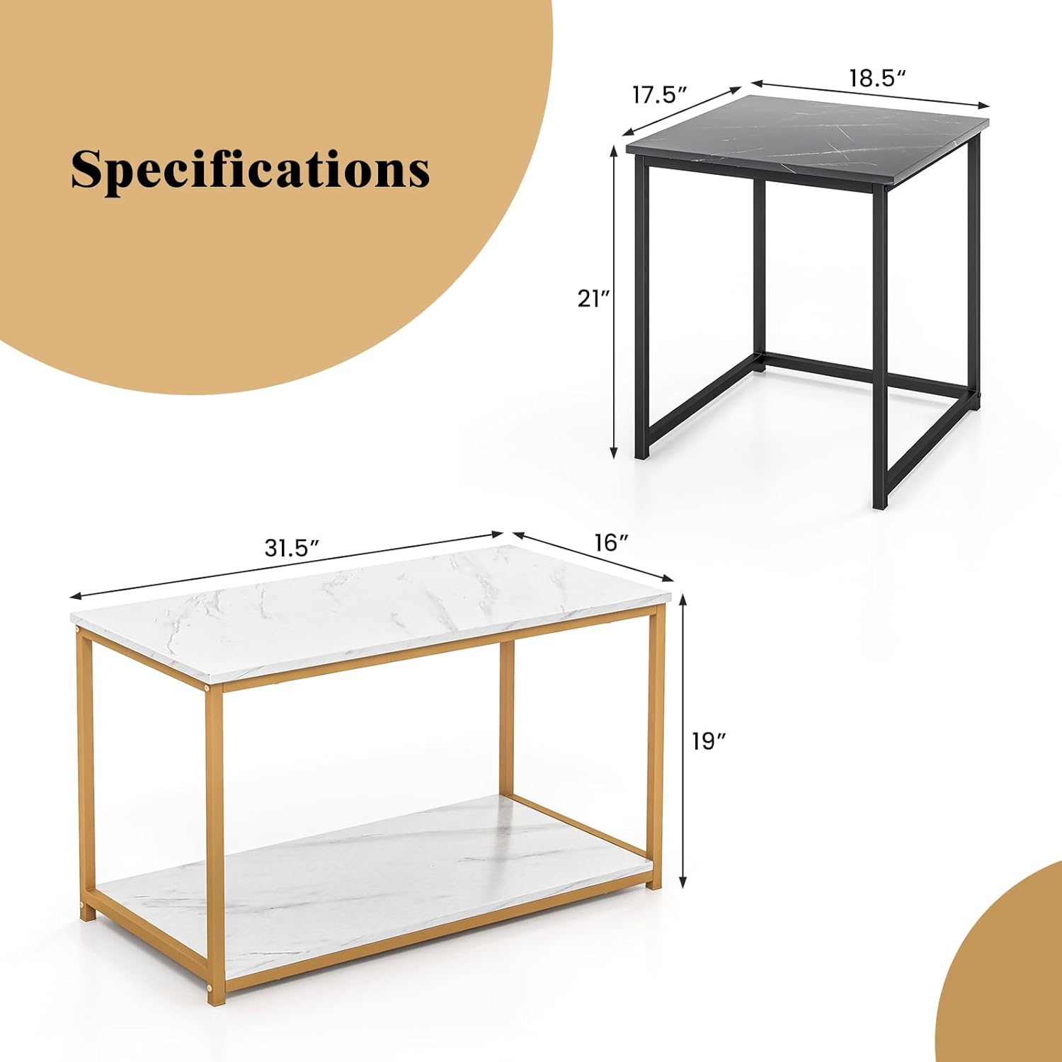 Giantex Moderna mesa auxiliar anidable, juego de 3 mesas auxiliares de mármol sintético con marco de metal resistente, 1 mesa rectangular y 2 mesas