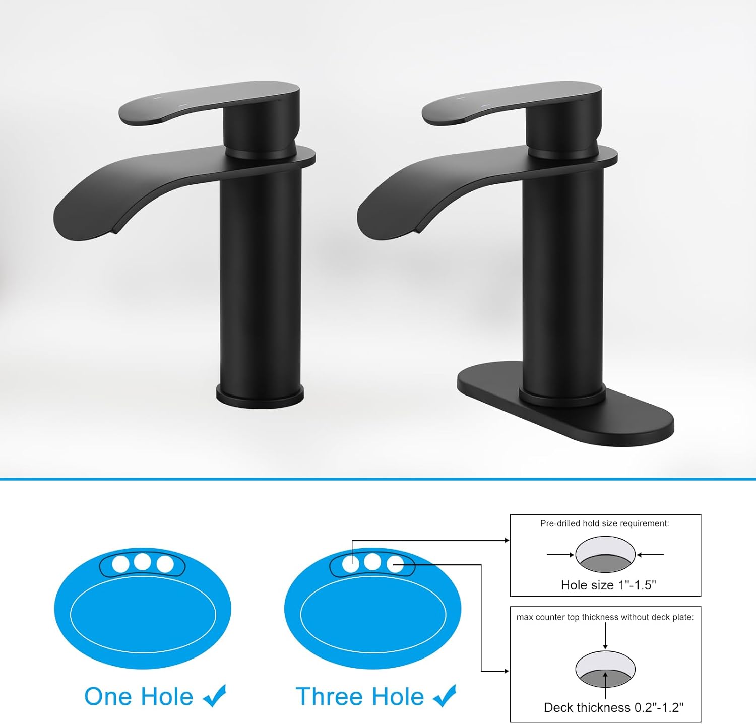 WOWOW Grifo de baño en cascada negro mate grifo de lavabo de baño para 1 agujero o 3 agujeros, grifo de tocador de una sola manija con drenaje