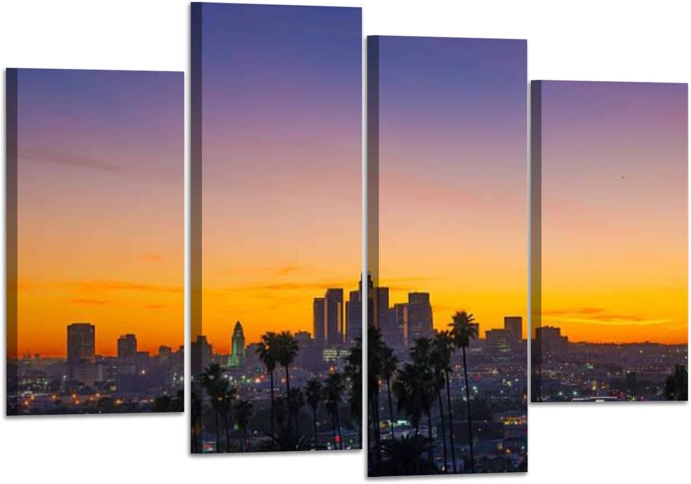 Lienzo de 4 paneles para pared, diseño de Los Ángeles, horizonte, palmeras, gran angular, póster de pintura estirado y enmarcado, decoración de