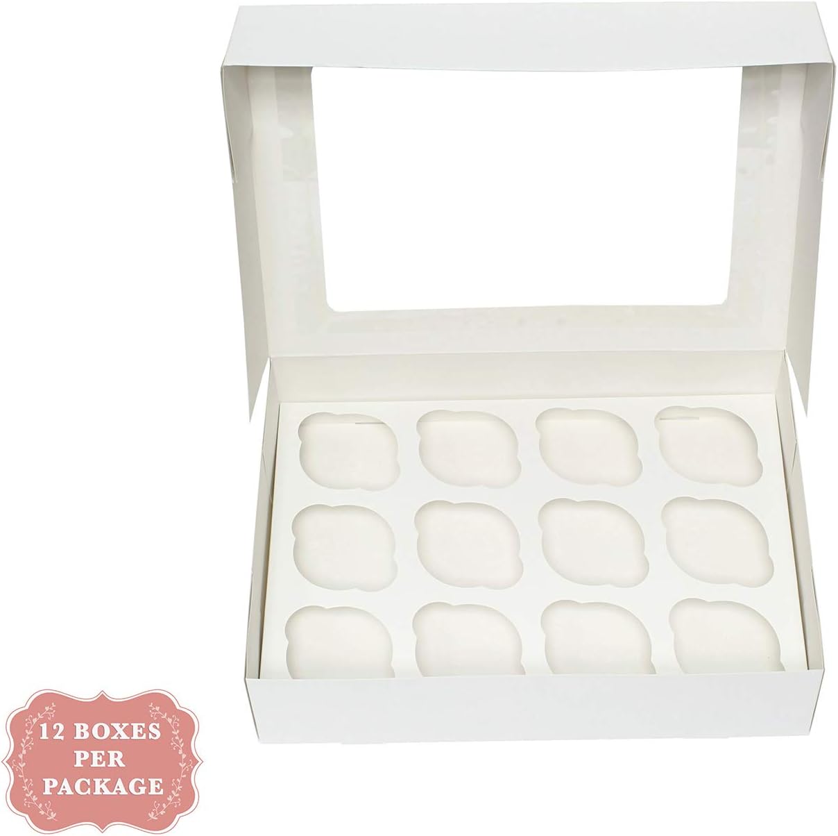 Spec101 – Cajas para magdalenas a granel, paquete de 12 recipientes desechables para magdalenas con ventana de color blanco, 12 unidades, tamaño