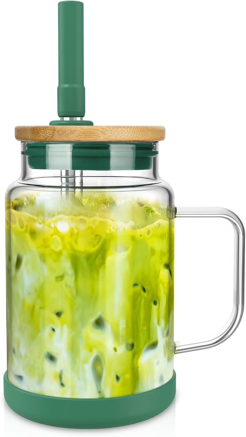 Tronco Vaso de vidrio de 22 onzas con asa, botellas de agua de vidrio con tapa de silicona y popote, taza de café helado reutilizable, café helado