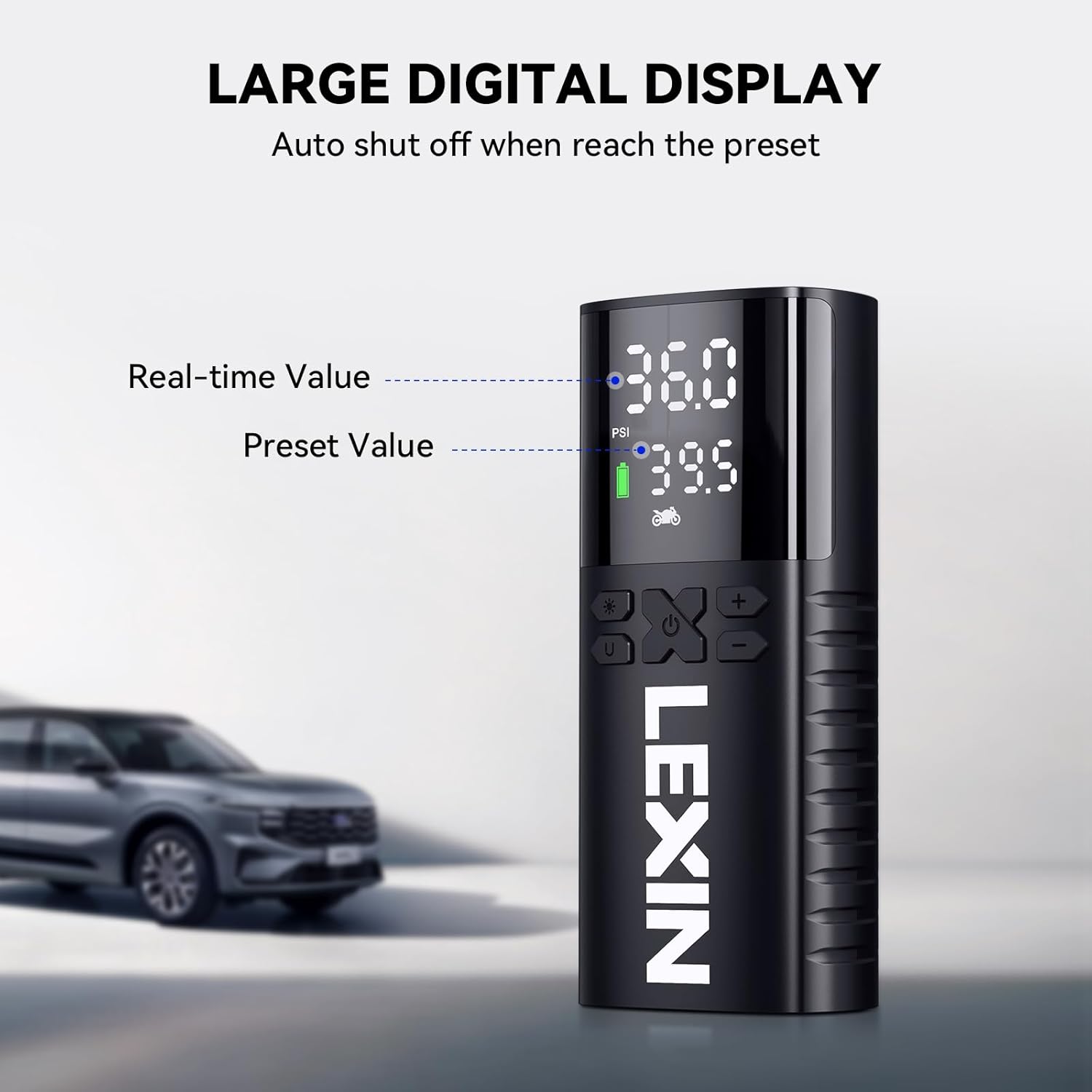 LEXIN Inflador de neumáticos P4, compresor de aire portátil, bomba de aire eléctrica inteligente con medidor de presión digital preciso y luz