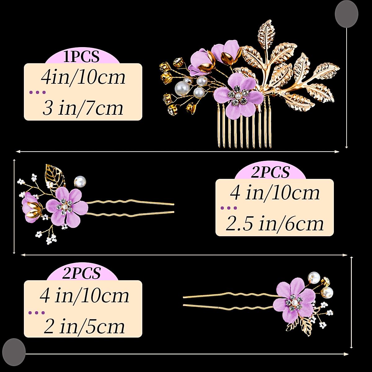 Flores moradas para el pelo para mujer, flores de boda, flores nupciales, horquillas para el cabello, tocado de hoja dorada, flores blancas,