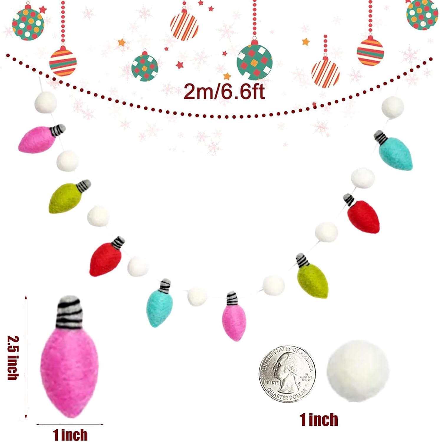 Guirnalda de luces de fieltro de Navidad de 6.6 pies, 8 bombillas con forma de arco iris, guirnalda decorativa de color navideño para árbol de