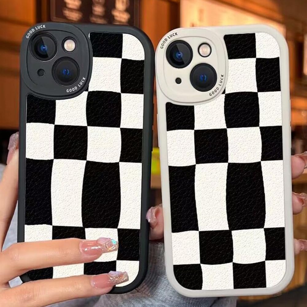 Casechics Funda compatible con iPhone, diseño estético retro clásico a cuadros, tablero de ajedrez a cuadros, protección de lente de cámara, suave a