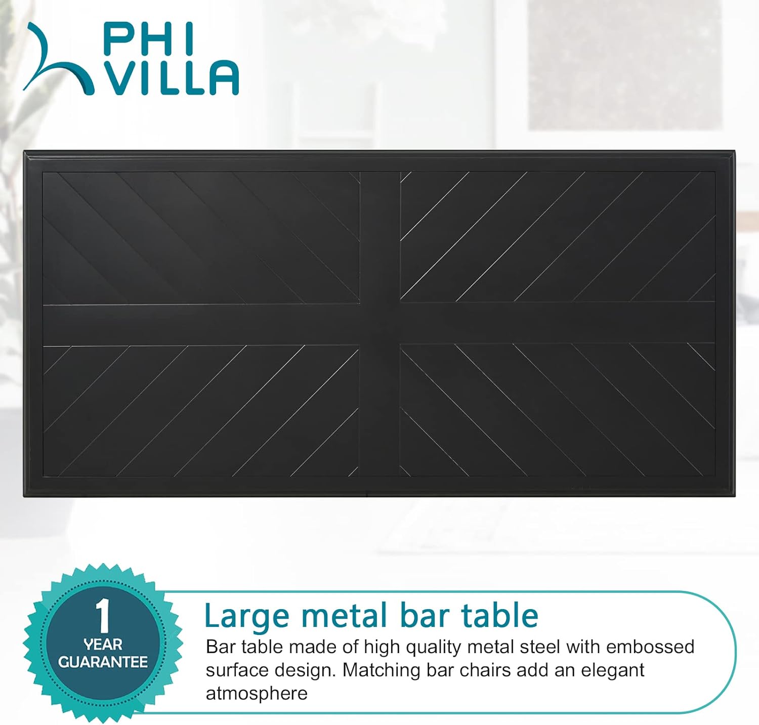PHI VILLA Mesa de bar rectangular para patio, mesa de metal con revestimiento de altura de mostrador, resistente y duradera para patio, jardín,