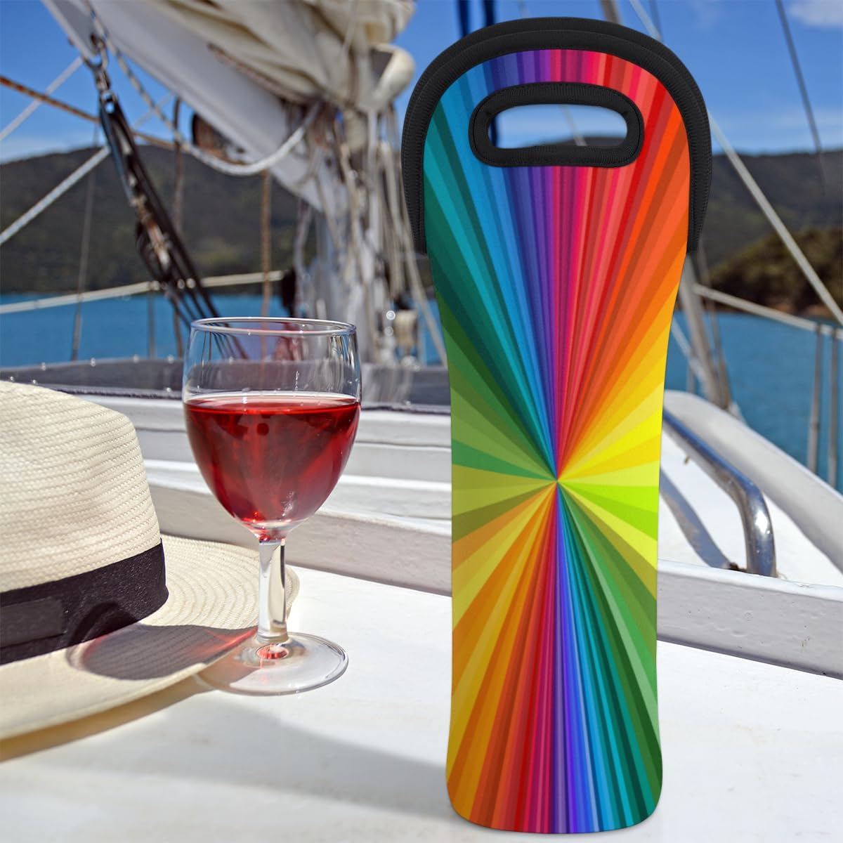 Bolsa de vino colorido arco iris teñido anudado 5.1 x 15.6 pulgadas neopreno bolsa de vino reutilizable 25.4 fl oz botella individual vino portador