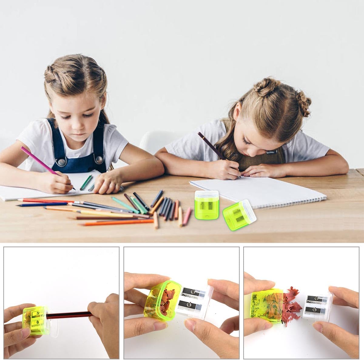 Paquete de 12 sacapuntas manuales para la escuela, oficina, hogar, aula, lápices de colores con doble agujero, con tapa para niños, sacapuntas