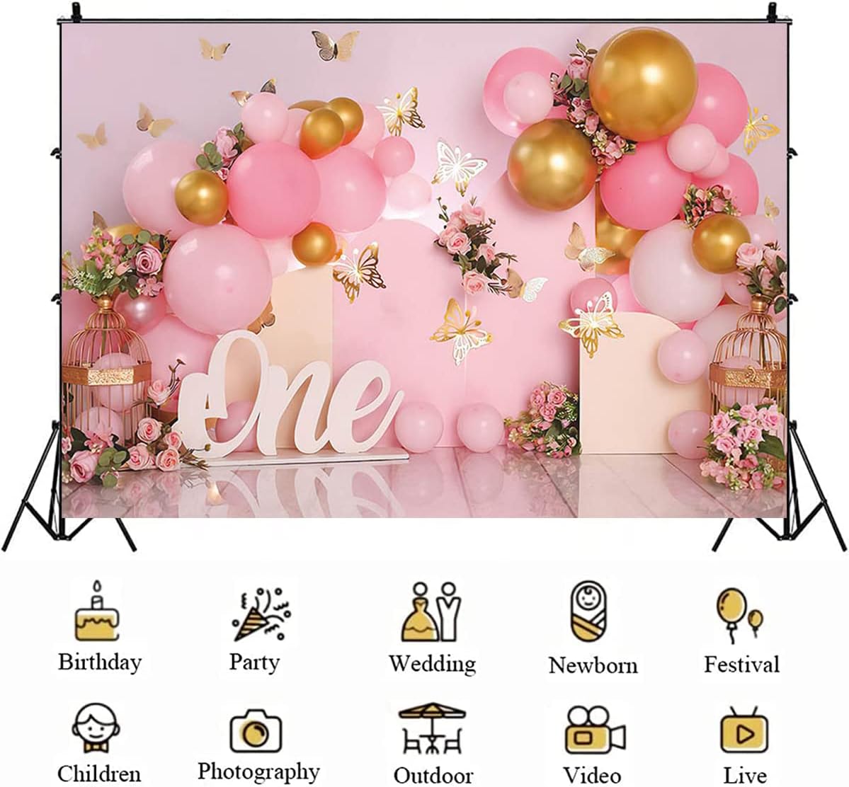 Telón de fondo de 1er cumpleaños para niña, globos rosados, mariposa dorada, dulce para niños, decoración de fiesta de cumpleaños, fotografía