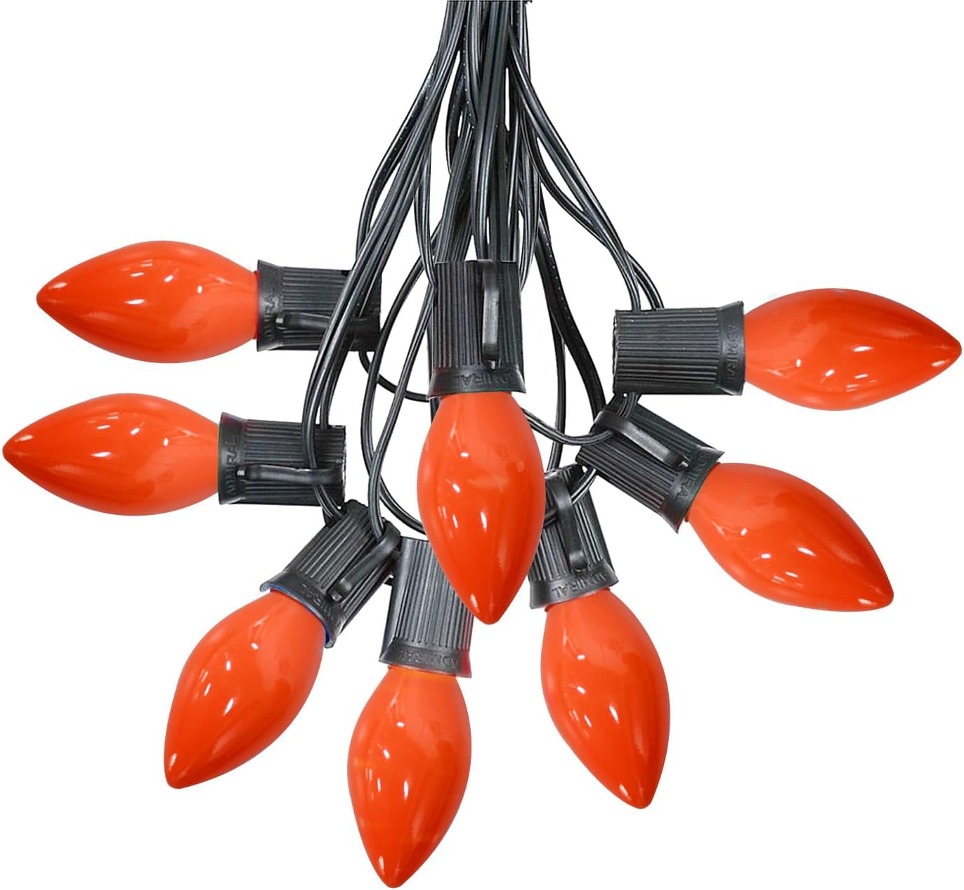 Luces LED C7 de Halloween, 25 pies, de cerámica, color naranja, luces de Halloween para interiores y exteriores con 25 bombillas LED C7, ideal como
