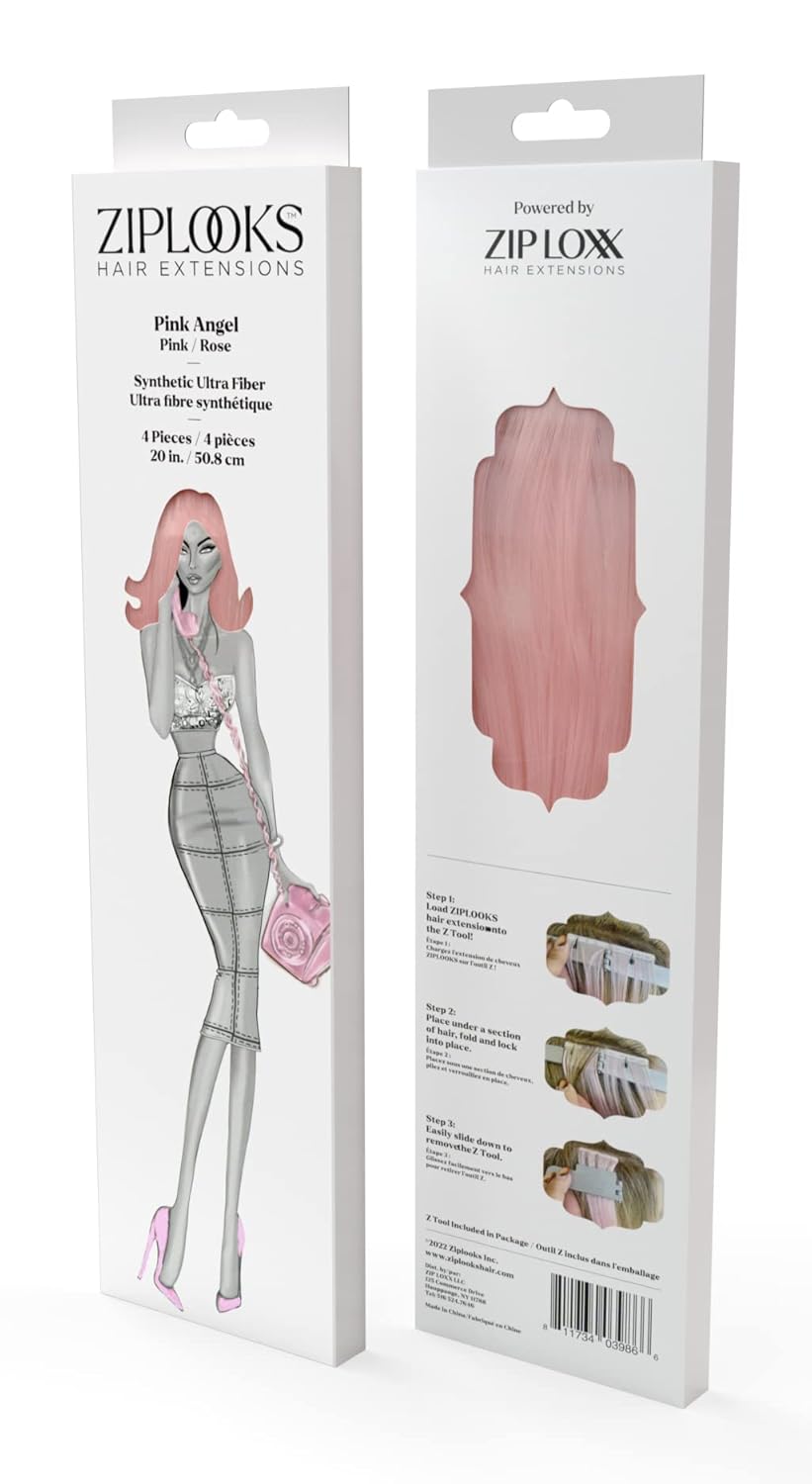 ZIPLOOKS Pink Angel – Extensiones de cabello de fibra ultra sintética de 20 pulgadas con tecnología patentada Z Tool, cabello y cuero cabelludo sin