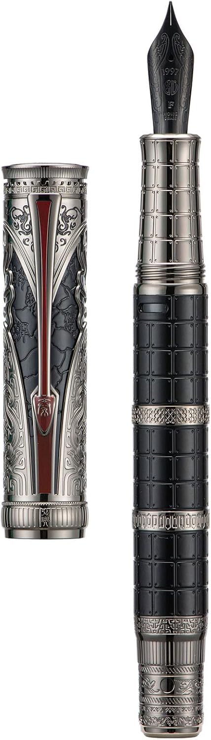 HONG DIAN Hongdian D5 Qin Dynasty – Pluma estilográfica, color negro y plateado, pluma de llenado de pistón de punta fina, grabado de tótem chino