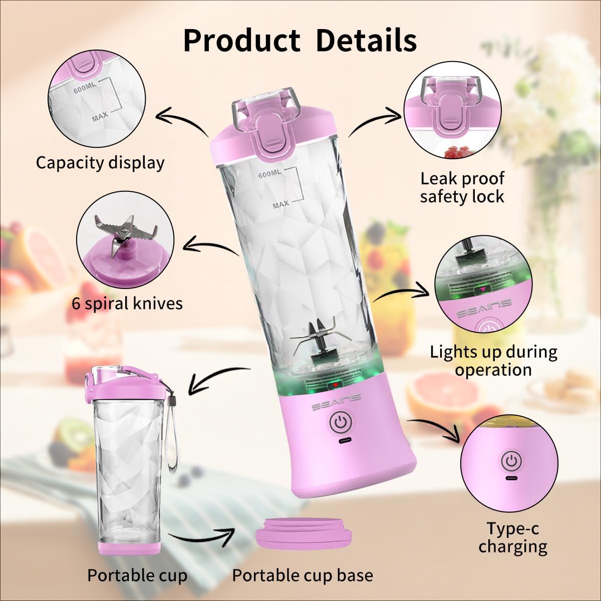 Licuadora portátil, licuadora personal para batidos y batidos con taza de viaje de 20 onzas y tapa, mini licuadora de tamaño personal con 6