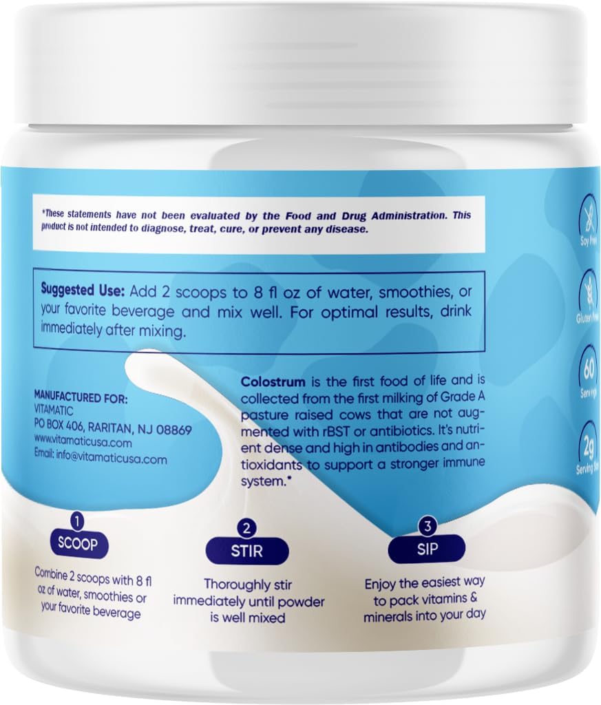 Vitamatic Polvo de calostro bovino  50% más alto de IgG  Suplemento para la salud intestinal, crecimiento del cabello, belleza, recuperación