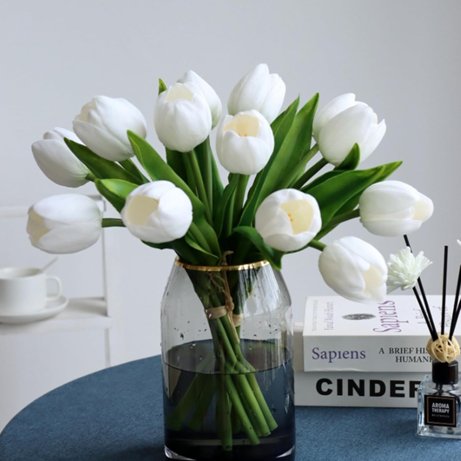 Buart Tulipán blanco y verde, flores artificiales de lujo, tulipán grande, día de San Valentín, día de la madre, Pascua, hogar, cocina, decoración