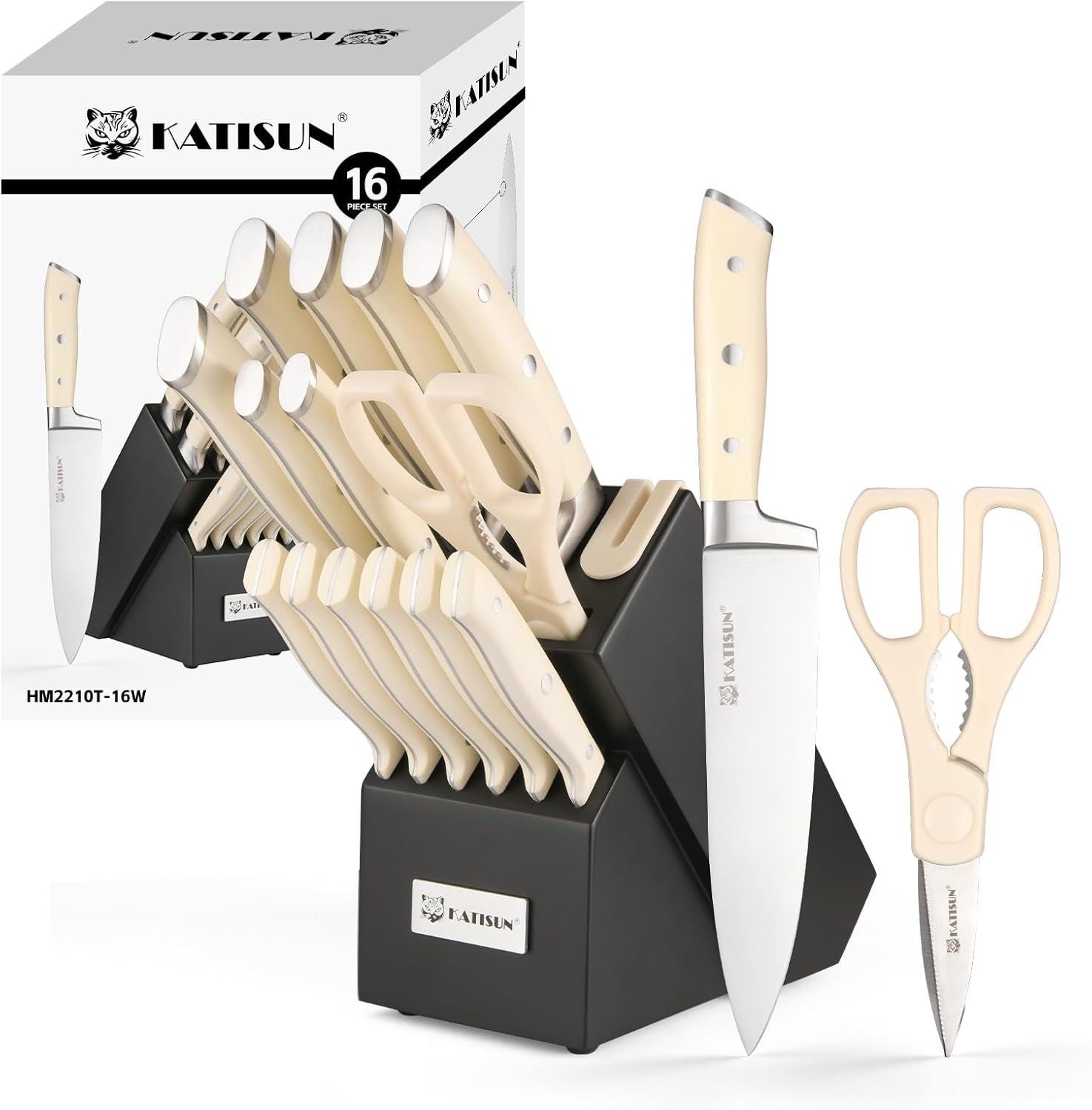 Juego de cuchillos de acero japonés de 16 piezas con bloque, cuchillos de chef con mango ergonómico ABS, afilador y tijeras para cortar, rebanar y