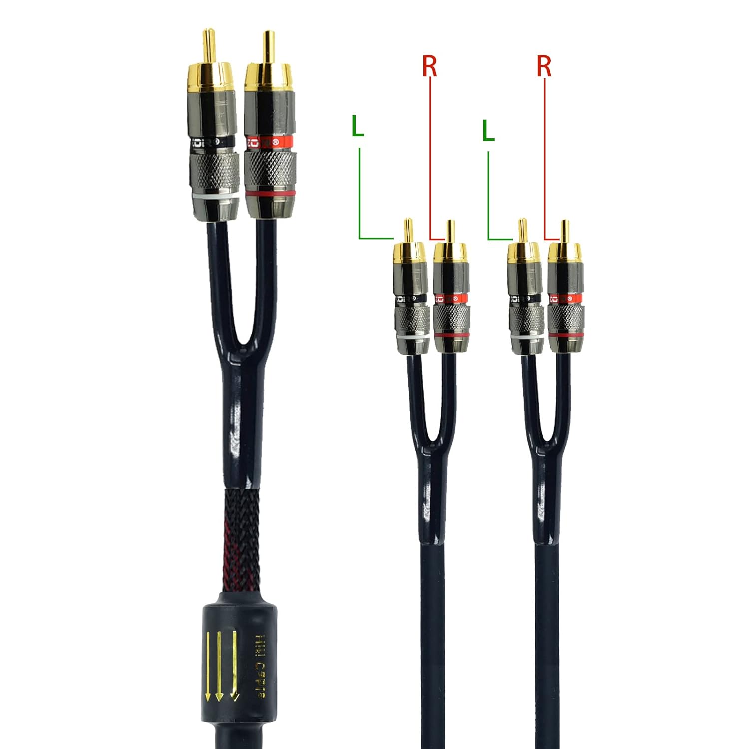 Arklove Cable de extensión de conector RCA blindado de 7 pies para audio estéreo y video, 2 machos a 4 machos, adaptador en Y de doble altavoz,