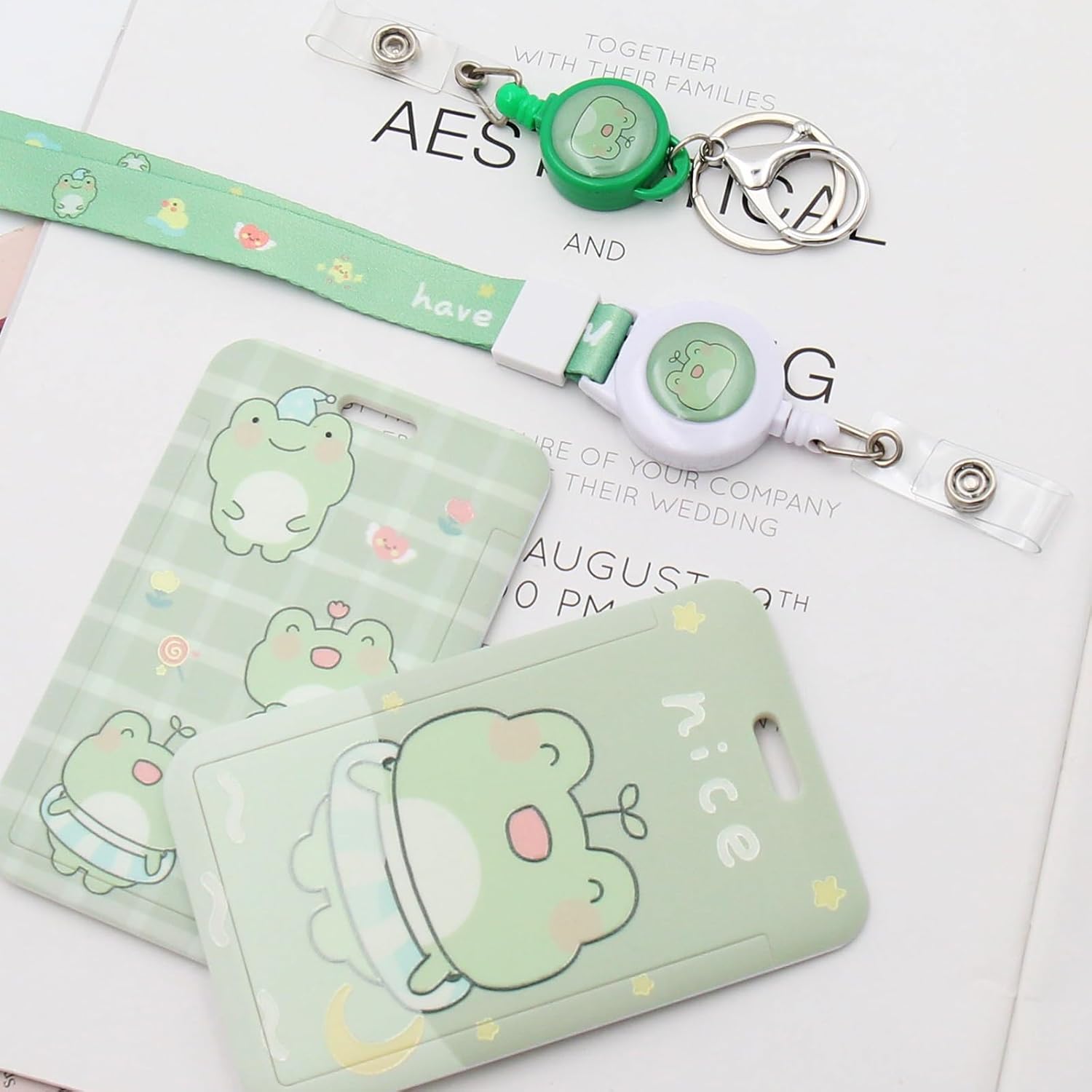 Juego de 2 cordones retráctiles de rana con soporte para identificación, divertido kawaii de pato, gato, perro, caricatura, soporte para tarjetas de
