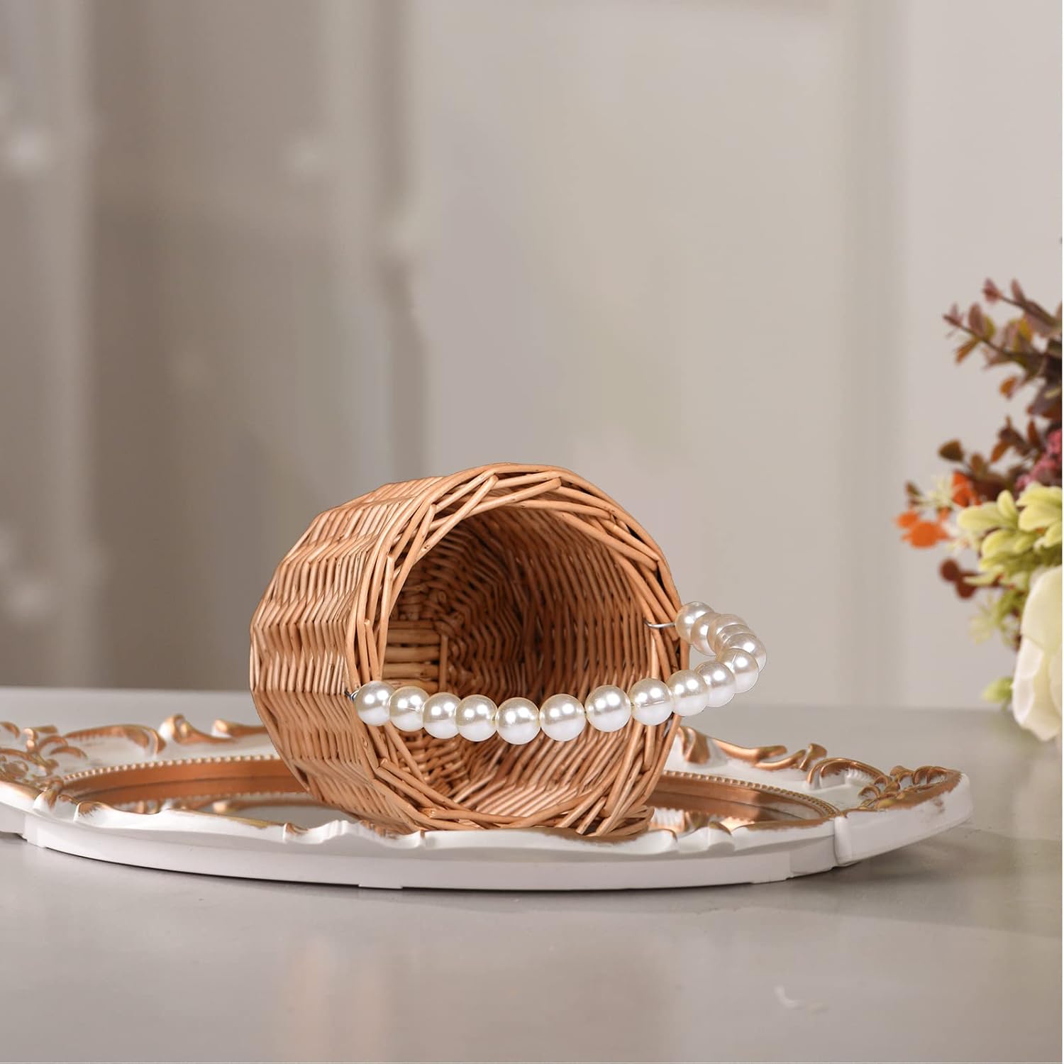 Cesta de mimbre para niña de flores, cesta de niña de flores con mango de perlas, cesta de niña de flores de boda y decoraciones para el hogar.