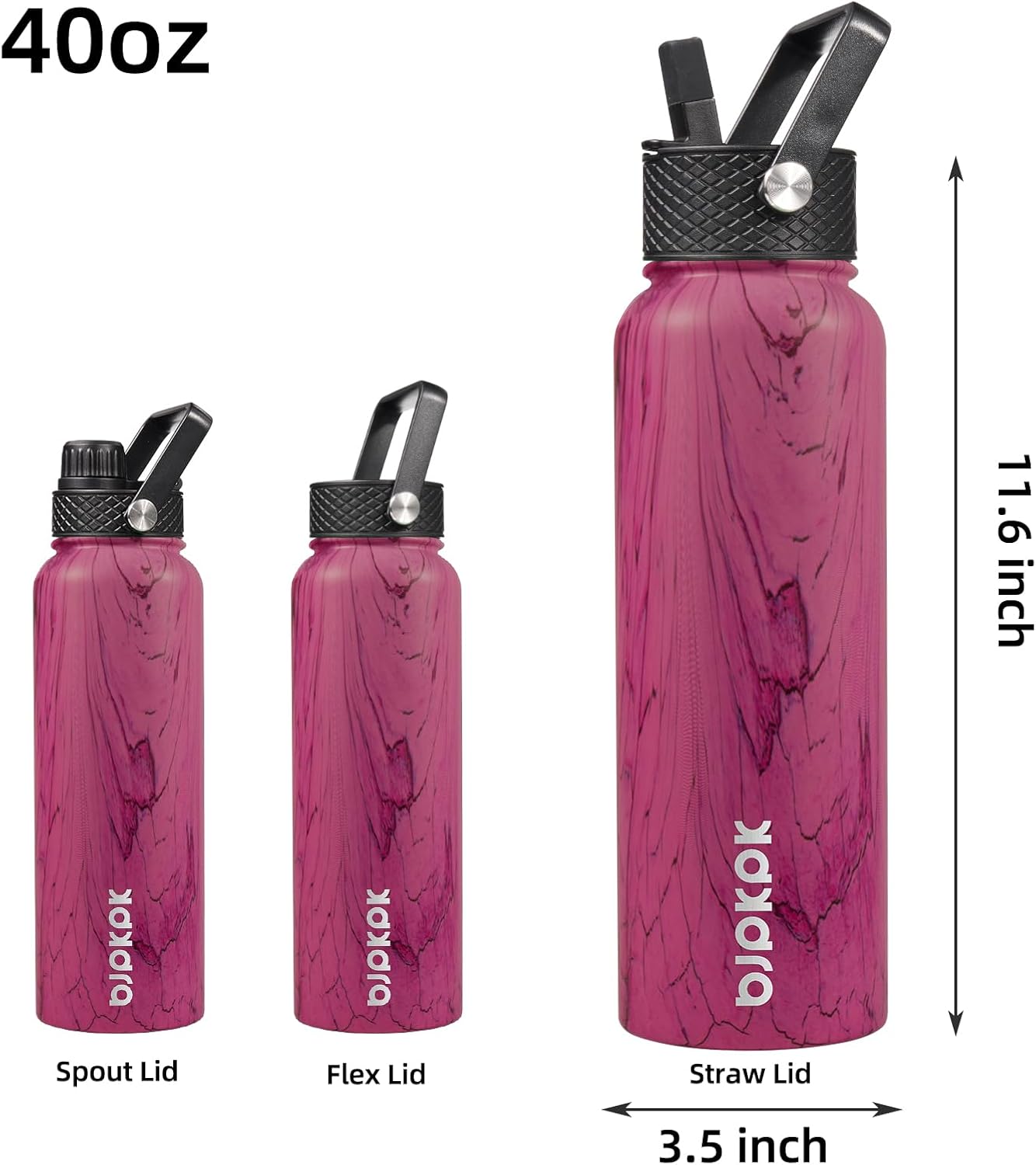 BJPKPK Botellas de agua con aislamiento y tapa con popote, grande (40 fl oz), de acero inoxidable, con 3 tapas, reutilizable, mantiene agua fría o