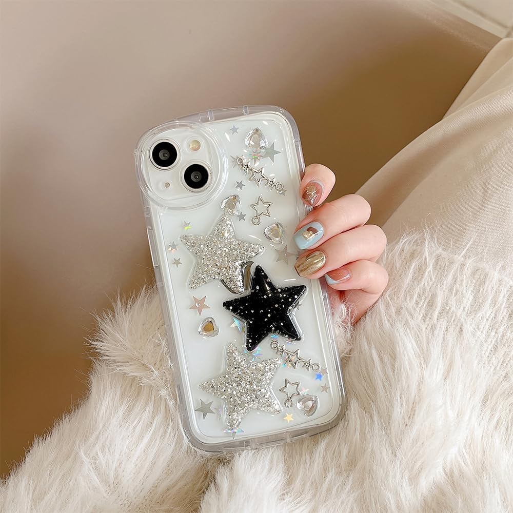 Funda para iPhone 12 con accesorios de cadena de dijes para teléfono, bonita funda 3D brillante con estrellas brillantes y diamantes de imitación
