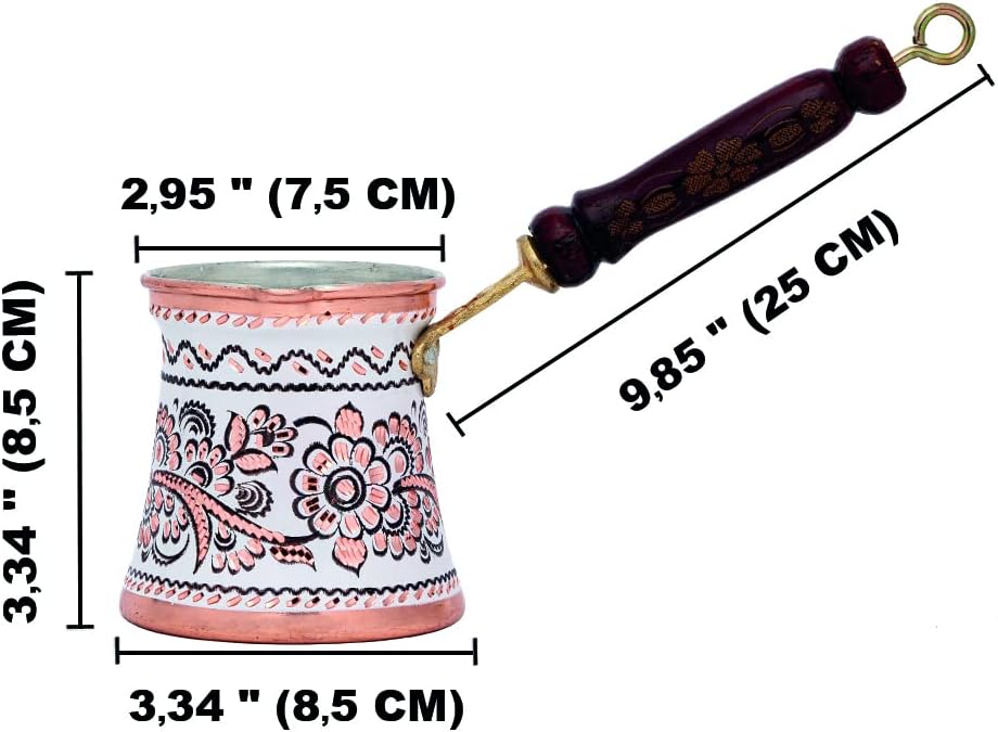 GOLDEN HORN Cezve Ibrik – Cafetera turca de cobre martillada grabada de 10 onzas con mango de madera, cafetera árabe pintada, cafetera griega Briki,